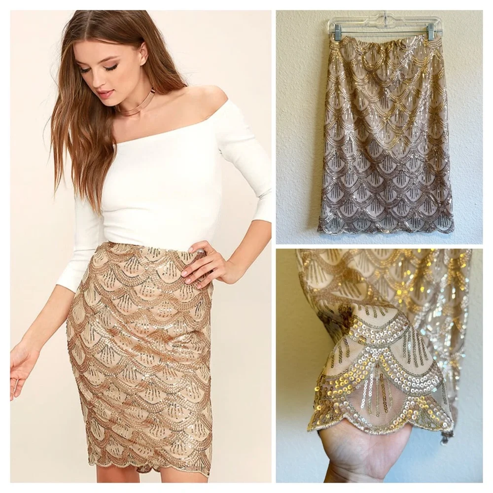 Lulu's Gold Embellished Pencil Skirt-Size M - Picture 1 of 11